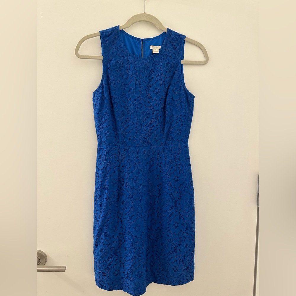 J. Crew Royal Blue Floral Lace Keyhole Back Lined Dress